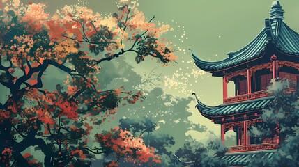 Classical traditional Chinese green trees building illustration poster background