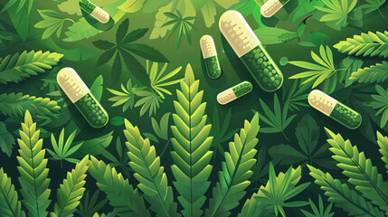 Medicinal cannabis plant with capsules scattered among lush green leaves and network diagram highlighting cannabinoid properties.