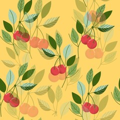 Yellow pattern with red cherries and green leaves. Fruits pattern. 