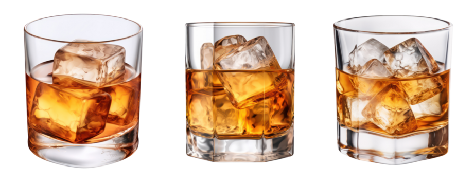 Set of three glasses of whiskey on the rocks.