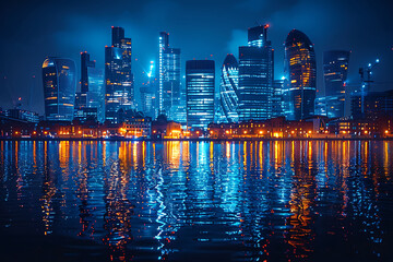 A city skyline is reflected in the water. The city is lit up at night.