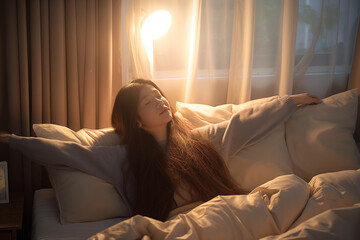 Fototapeta premium morning,Get ready,Asian woman waking up in the morning or struggling to sleep at night in a serene bedroom setting