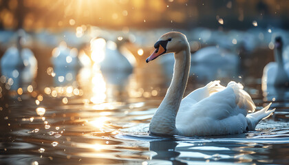 Elegant white swan gliding smoothly on a shimmering water surface at sunset, with other swans and sparkles around. - Powered by Adobe