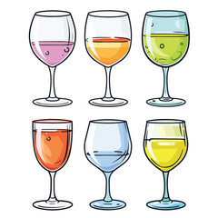 Six colorful wine glasses filled different liquid colors, beverage illustration, cartoon style. Glassware collection liquids, digital artwork, isolated white background. Drinking glasses illustrated