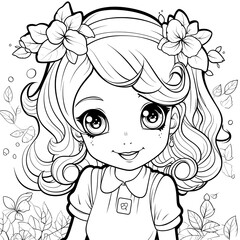 Girl illustration clip art coloring book black and white for kids and adults isolated line art on white background.