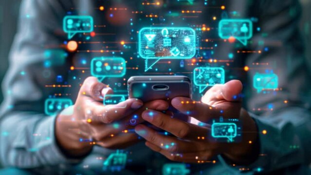 A close-up of the hands of a man holding a smartphone with Live Chat online communication and customer service technology, also referred to as AI, Artificial Intelligence. Futuristic technology transf