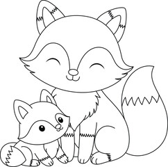 Cute kawaii fox and baby cartoon character coloring page vector illustration. Wild animal, mothers day colouring page for kids