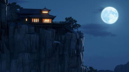 Asian traditional house with light on the edge of rock cliff at night with full moon