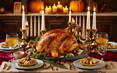 Thanksgiving day dinner, roasted turkey - Generative AI, best selling, stock photos