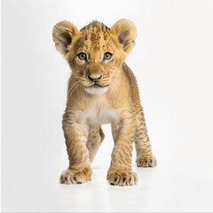 Obraz premium a small lion cub standing on a white surface