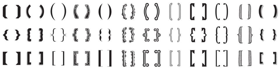 Bracket icon collection. Quote box frame. Black bracket set. Set of Text brackets design. Icons vintage typography symbol.Black brackets symbolic premium quality elements for websites, web, mobile app