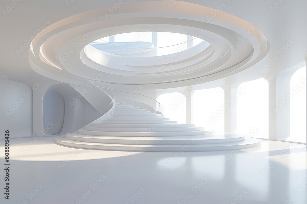 Poster modern white space interior with circle shape 3d render.a room with a ceiling in the shape of a circ