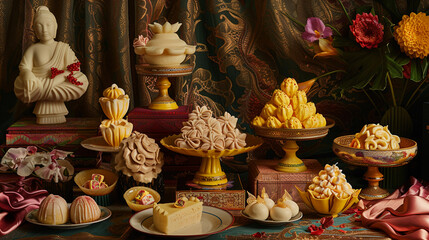 Artistic setup of unique Thai desserts, including sculpted 'kanom chan' and 'look choup,' displayed against a backdrop of intricate silk fabricsrealistic photography