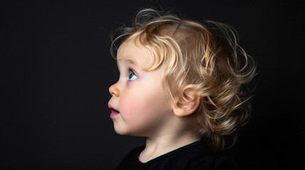 Fototapeta premium A baby with blonde hair and blue eyes is looking up at the camera