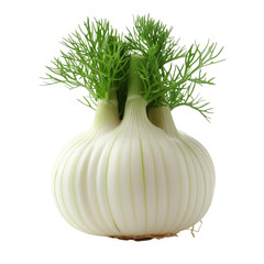 This image shows a white onion with green leaves on top. It is sitting on a green background.