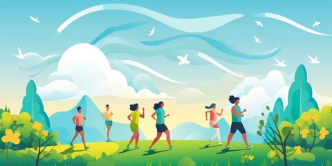 Naklejka premium Wellness banner showcasing a group of people engaging in outdoor physical activities, such as jogging, cycling, and yoga, against a sunny sky background, promoting the importance of regular exercise 