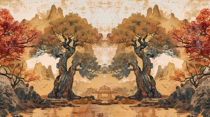 Traditional garden Dunhuang style illustration poster background