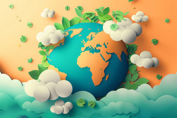 A paper-cut style globe surrounded by leaves and clouds. Concept of global environmental awareness and sustainability.