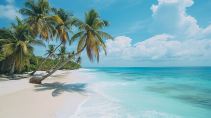 Tropical Paradise Getaway, Palm Trees Swaying on White Sandy Beach Against Turquoise Waters