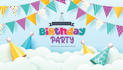 Birthday party vector background design. Happy birthday invitation card with streamers banners and hat decoration elements in clouds paper cut background. Vector illustration birthday greeting design.