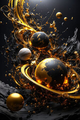 Galaxy, Collision of Planets, Black and Gold Paints