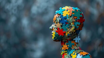 Multi-colored puzzle pieces in a human figure form. Autism or neurodiversity concept, state of mind and mental health
