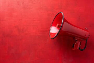 Red megaphone in front of red wall. Horizontal composition with copy space. Great use for announcement concepts.