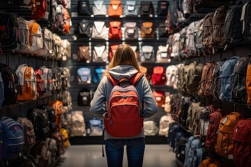 Obraz premium Photo of a female student trying on a new backpack in a store, eagerly anticipating the start of the Back to School season