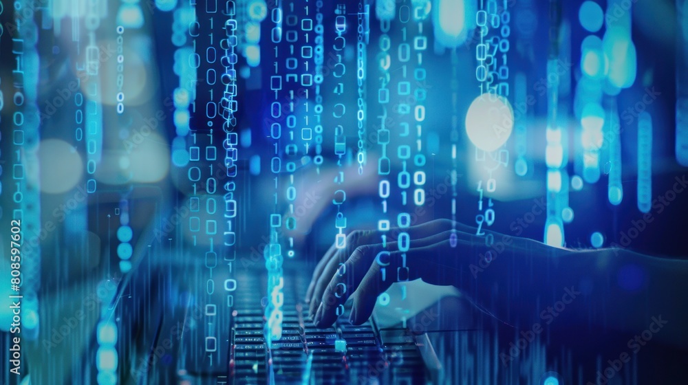 Poster hands typing on computer keyboard, with abstract code, online cyber attack, hack, threats and breach