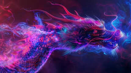 Neon Chinese Dragon in Vivid Colors, Mystical Fantasy Art
