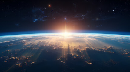 A blue glow surrounds the planet