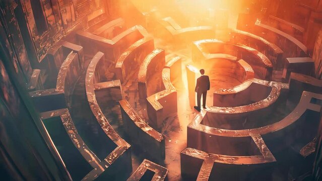 A businessman standing in the middle of a maze, looking for a way out. Business challenges and solutions concept animation.