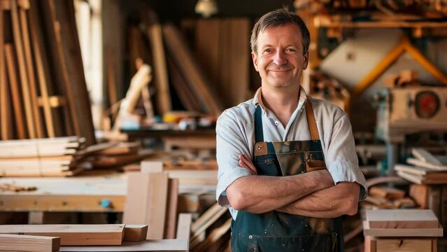 A portrait of smiling male carpenter standing in front of his woodwork workshop