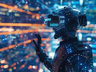 Futuristic Cyborg Contemplating Cityscape at Night