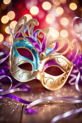 Carnival Party -Venetian Mask With Abstract Defocused Bokeh Lights And Shiny Streamers  Masquerade Disguise Concept