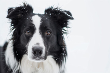 a black and white dog standing in the snow