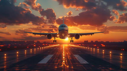 A large jetliner taking off from an airport runway at sun set