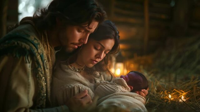 An old barn's interior had dim lamps and soft starlight. Mary holds her newborn son, Jesus. while Joseph stood beside them His expression was one of deep fear and happiness.