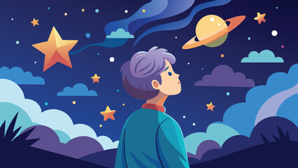 Man gazing at a starry night sky with planets, vector cartoon illustration.