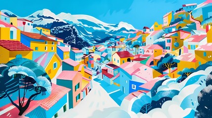 Blue and white snow mountain town illustration poster background