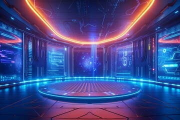 Virtual cyberspace reality room on blue background in futuristic technology concept, 3d illustration