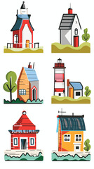 Collection various colorful simple houses buildings illustrations. Graphic style structures including lighthouse, fire station, residential homes. Cartoon architecture, isolated white background