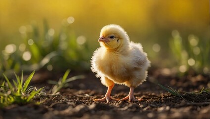 newborn chick takes the first steps under golden hour light on the background of nature, yellow green blur background, symbol of birth of a new life