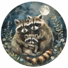 Watercolor painting of a family of raccoons exploring a moonlit garden, on isolated white background, Generative AI