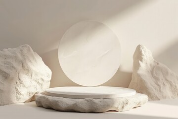 White stone rough plate object display podium with circle, for product, 3d rendering