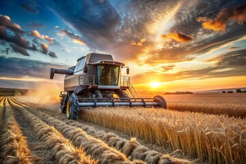 Obraz premium Agricultural industry and machinery.. A combine harvester removes golden ears of ripe wheat against the background of a ripening field. The concept of planting and harvesting a rich harvest.