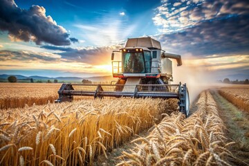 Fototapeta premium Agricultural industry and machinery.. A combine harvester removes golden ears of ripe wheat against the background of a ripening field. The concept of planting and harvesting a rich harvest.