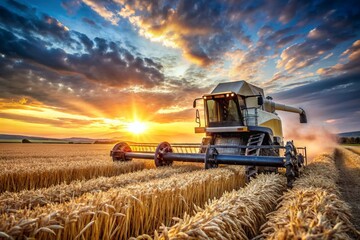 Obraz premium Agricultural industry and machinery.. A combine harvester removes golden ears of ripe wheat against the background of a ripening field. The concept of planting and harvesting a rich harvest.