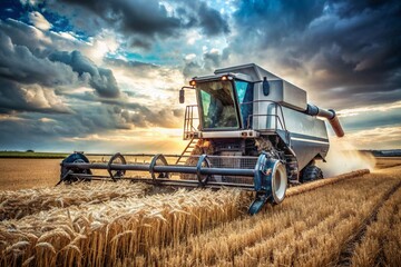 Obraz premium Agricultural industry and machinery.. A combine harvester removes golden ears of ripe wheat against the background of a ripening field. The concept of planting and harvesting a rich harvest.