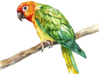 A watercolor painting of a parrot sitting on a branch